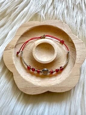 Handmade Cross Medal Red Beaded Adjustable Bracelet with Gold and Silver String